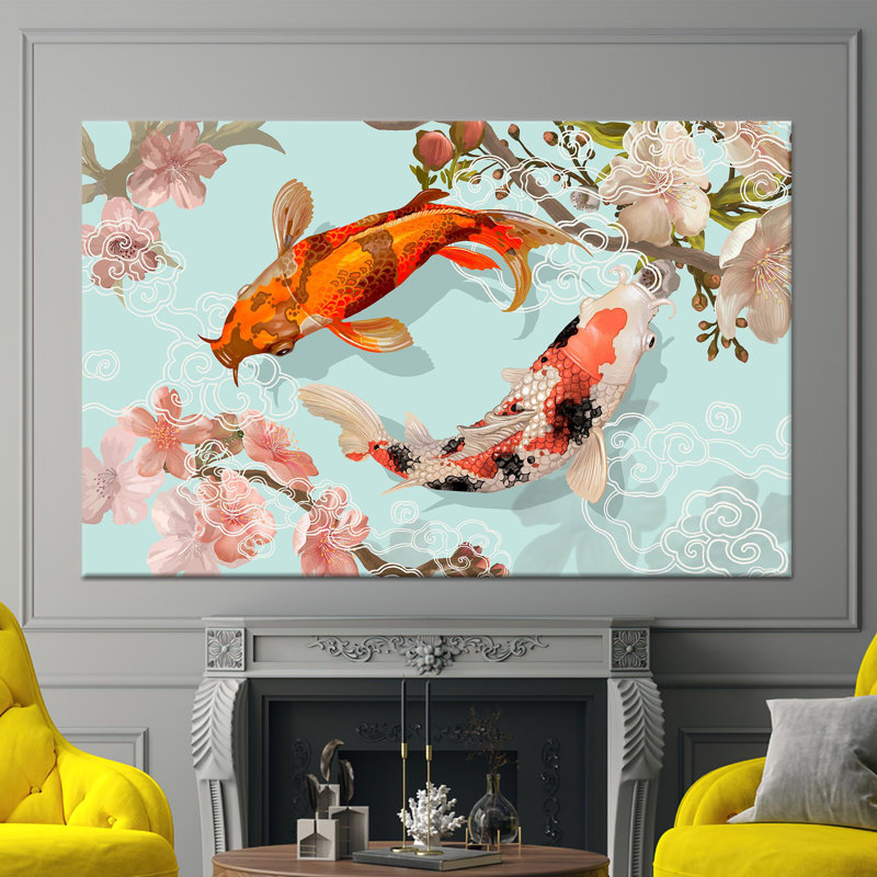 Toile imprimée: art mural japonais en verre de poisson Koi - décor zen, 1P, 47,3 po H x 102,4 po l