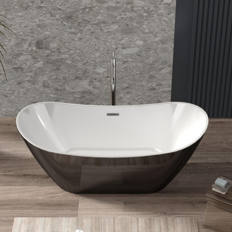 Baignoire de trempage autoportante en acrylique noir de 59 po pour adultes avec trop-plein et drain en chrome