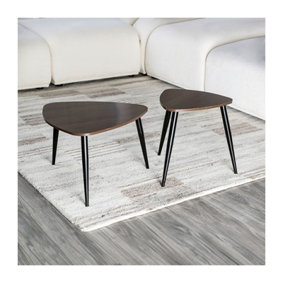 Ensemble de 2 tables gigognes contemporaines, tables d'appoint en métal et bois massif au design compact, finitions naturelle et noire