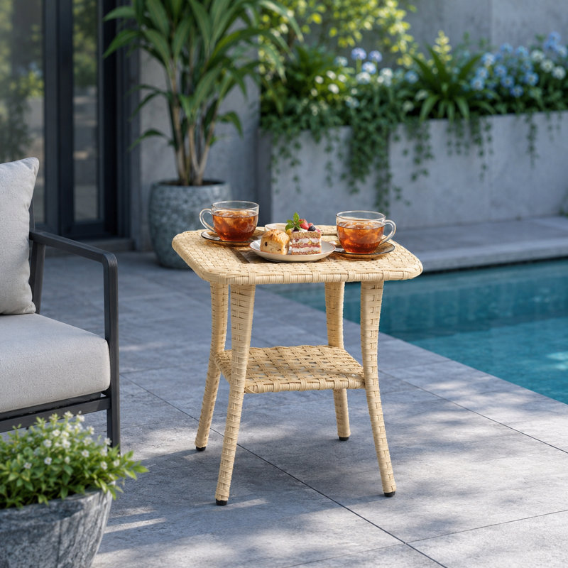 Table d'appoint carrée en osier avec plateau en verre et tablette de rangement inférieure