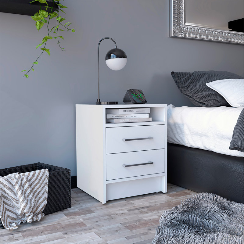 Eter Nightstand , End Table, Side Table Superior Top, Two Drawers -White, White