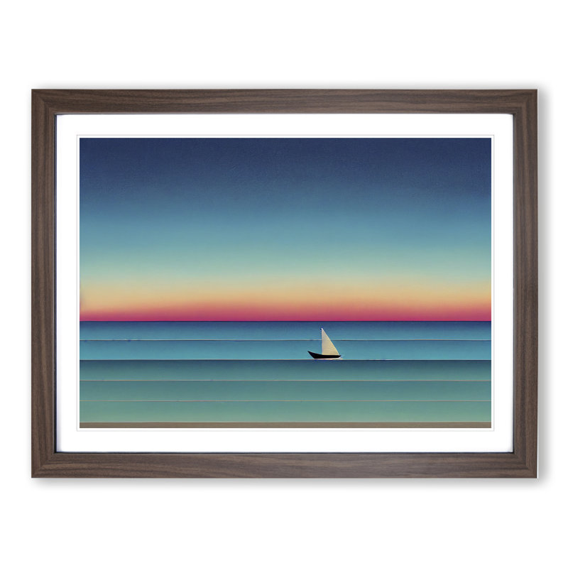 Boat on a Striped Ocean 1 Piece Single Picture Frame Wall Art, 25cm H x 34cm W x 2cm D, Walnut Framed