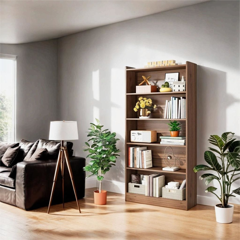 35.4'' W Bookcase, Modern Wood Tall Bookshelf, Brown, (5 Shelves) 72.04" H x 35.43" W x 11.81" D