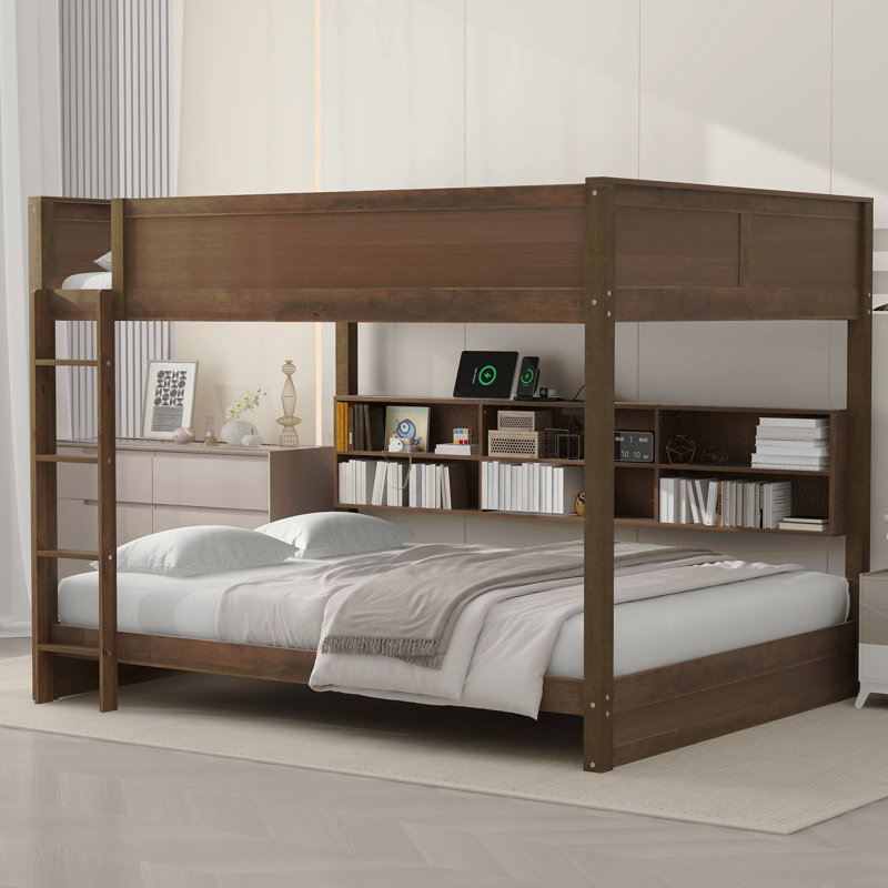 Lit superposé grand sur grand avec armoires de rangement et ports USB, Tan