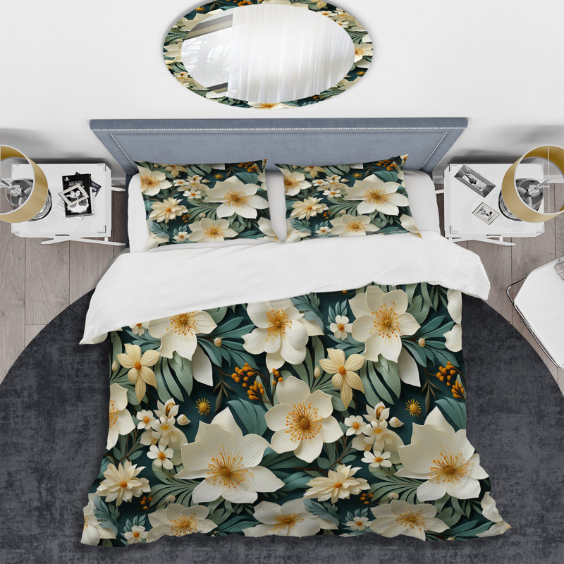 Motif botanique blanc et vert élégant - ensemble de housse de couette floral - polyester microfibre