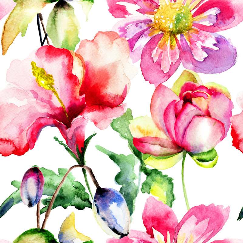 Wyatts Seamless Wallpaper With Colourful Flowers by Ateli - Wrapped Canvas Painting, 30cm H x 30cm W x 3.8cm D