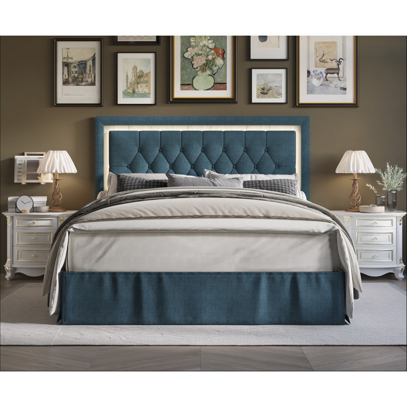 Très grand lit plateforme tapissier Epworth, Bleu denim, Double