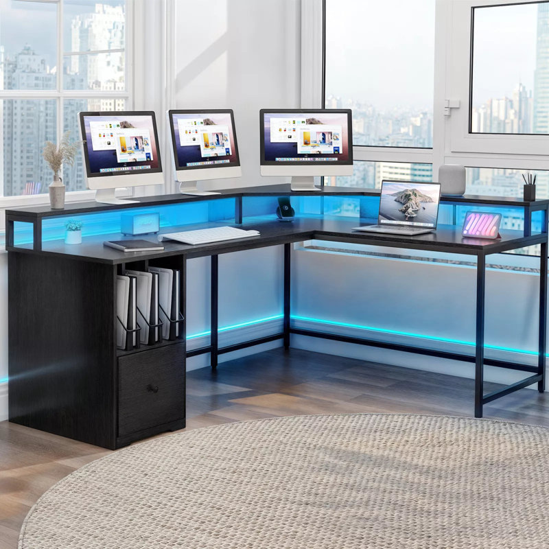 Monge 67'' L-Shape Wood Desk Computer Table with LED Light & Power Outlets, Black