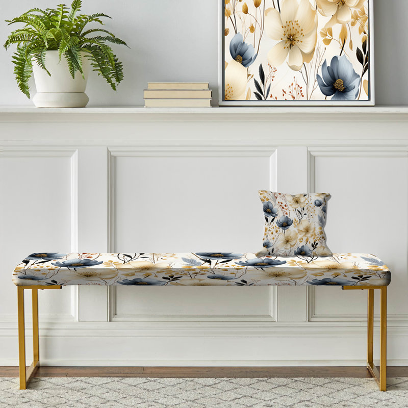 Floral Upholstered Gold Bench, Ethereal Botanic