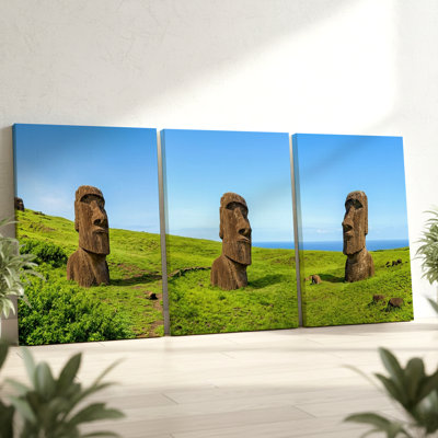 3 Pieces Easter Island Moai Statues Large Wall Art, Three Pieces Wall Art for Living Room, Bedroom, Office, and Home Decor, Ready to Hang, Framed Look