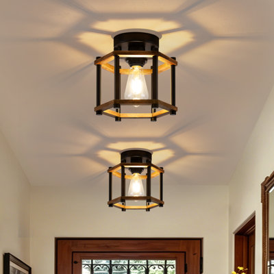 Plafonnier semi-encastré rustique noir à 1 lumière avec cage hexagonale pour entrée, chambre à coucher, cuisine