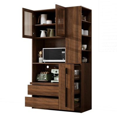 Armoire de cuisine avec étagère de rangement à plusieurs niveaux, 2 tiroirs et porte vitrée