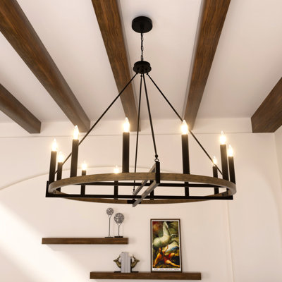 12 - Light Living Room Steel Dimmable Candle Style Wagon Wheel Chandelier UL Certified