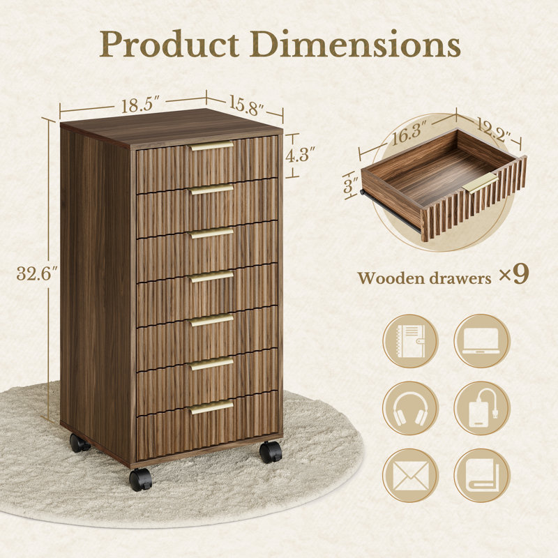 Classeur à 7 tiroirs en bois avec façades de tiroir cannelées, armoire de bureau verticale, Black Walnut