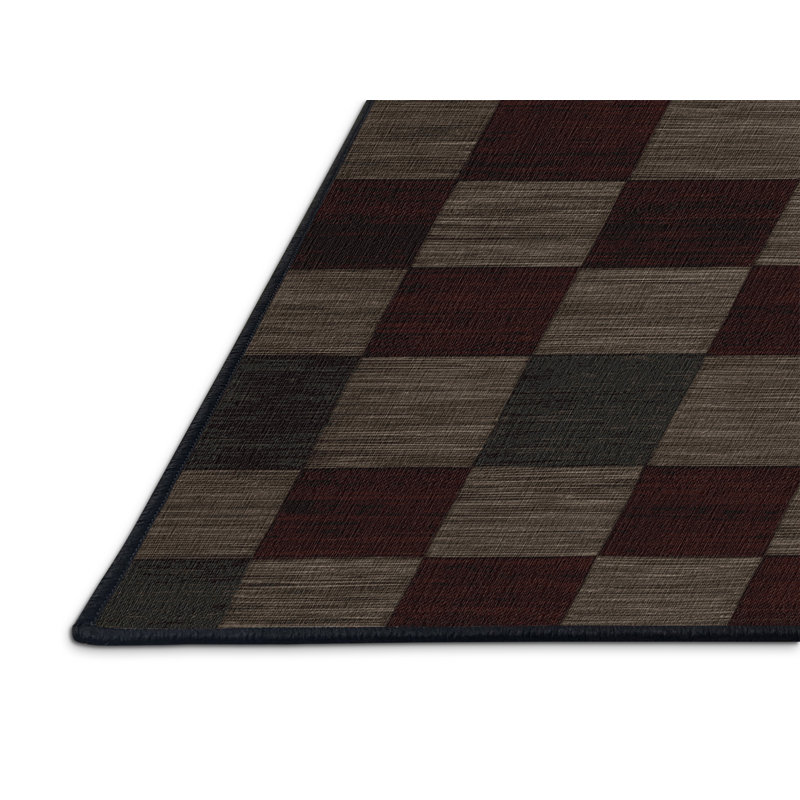 Machine Washable Checkered Brown Area Rug, Rectangle 3' x 5'