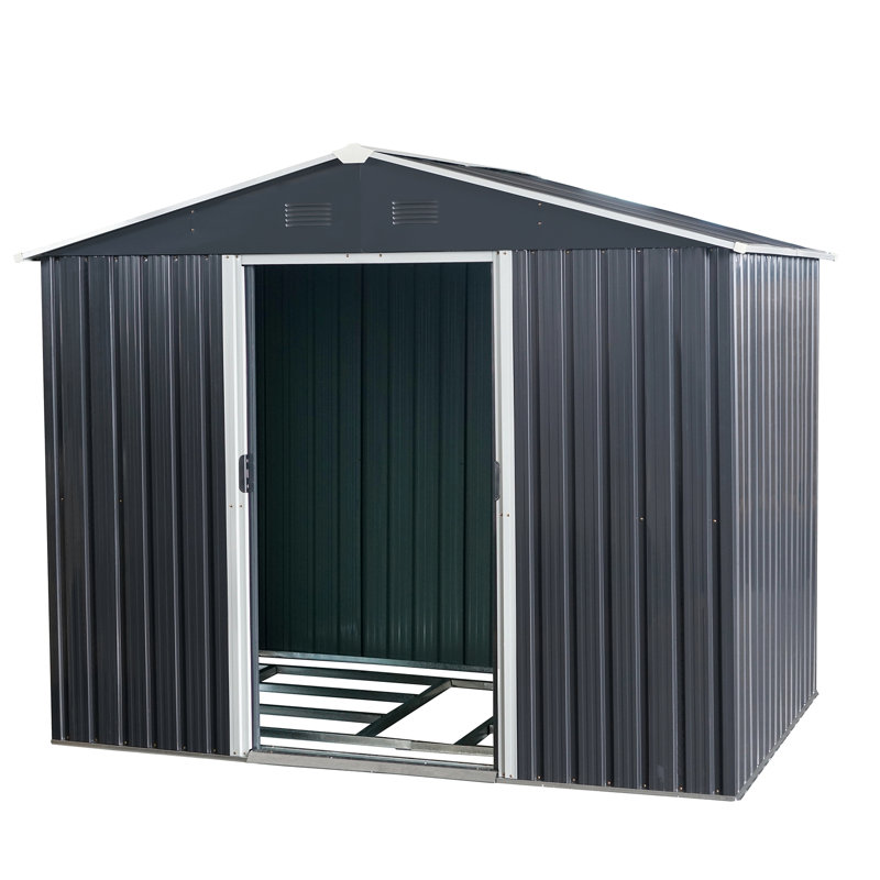 Remise de rangement en métal de 8 pi x 6 pi en noir, fabrication en fer galvanisé, évents perforés, porte coulissante avec cadenas, plan de montage facile pour la longévité, processus