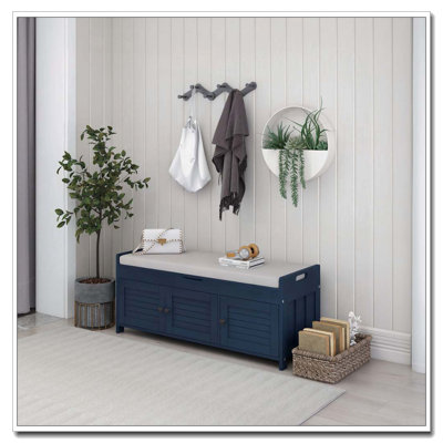Banc de rangement avec 3 portes en forme de volet, coussin amovible