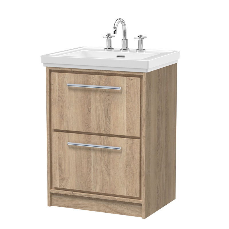 Hudson Reed Lille 600mm Graphite Grey Woodgrain 2 Drawer  Floor Standing Vanity Unit With 3 Tap Holes Fireclay Basin, 63cm W