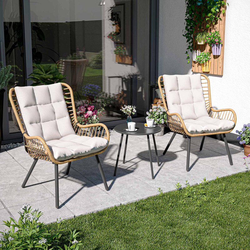 2 - Person High Backrest Wicker Patio Bistro Set with Coffee Table, White