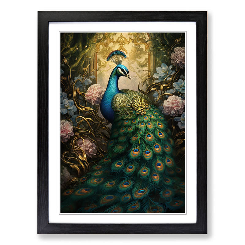 Peacock Victorian - Single Picture Frame Print on Wood, 34cm H x 25cm W x 2cm D, Black Framed