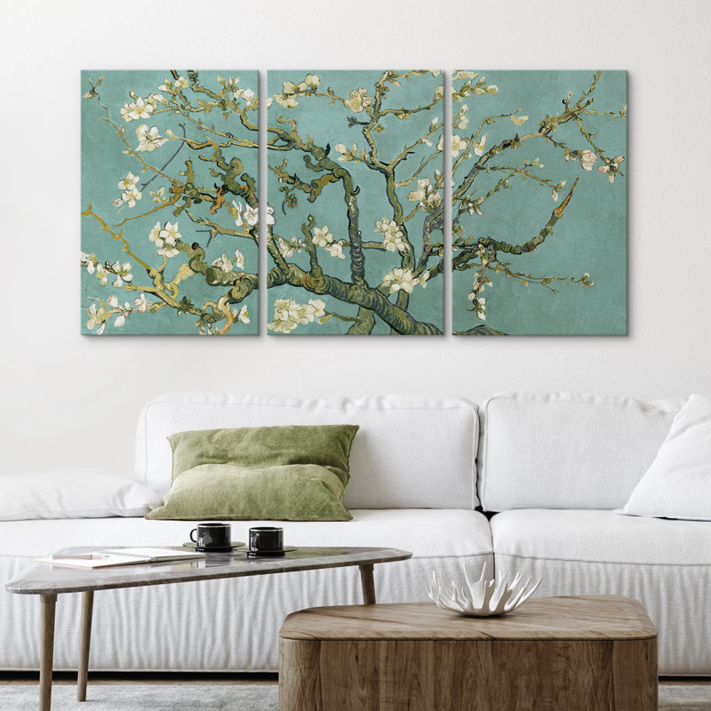«Amandier en fleurs» par Vincent van Gogh, H 24 po x l 48 po x P 1,5 po, Bleu sarcelle, Toile tendue