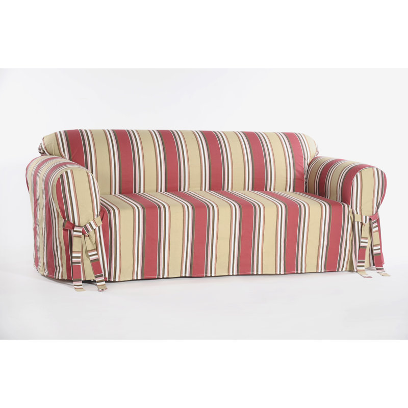 Box Cushion Loveseat Slipcover, Red/Khaki Stripe