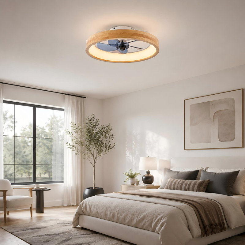 19.7" Natural Wood Caged Flush Mount Ceiling Fans 