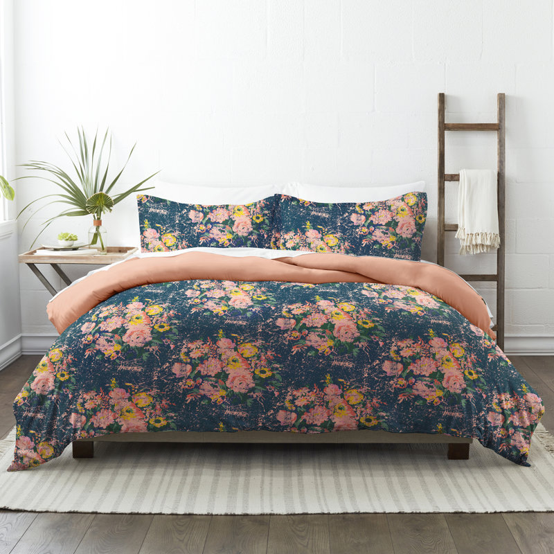 Navy Floral Microfiber Reversible Comforter Set, Twin/Twin XL