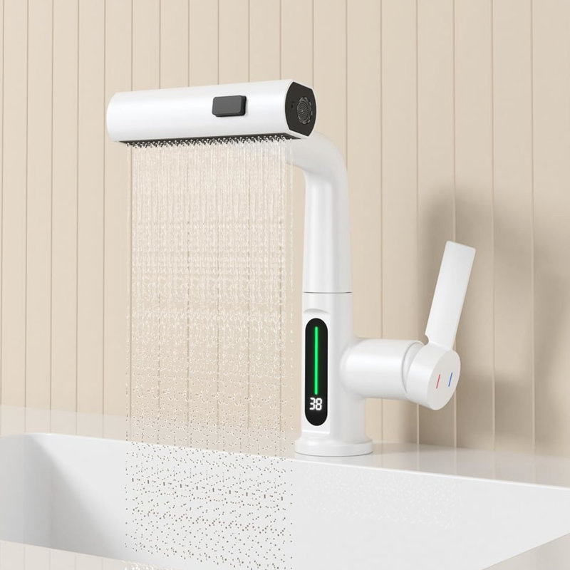 Robinet de lavabo blanc avec relevable coulissant et affichage de la température à DEL - rotatif à 360 °, 31 modes de bec, indicateur de température réglable en hauteur, robinet pour