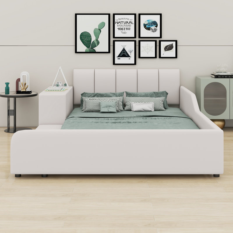Upholstered Grounded Bed, Mother & Child Bed With Bedside Desk And Little Round Stool, Beige