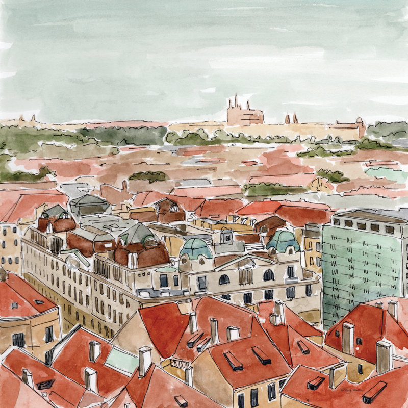 Les toits de Prague par Molly Mattin, Impression sur papier doré sans passe-partout, H 12 po x l 12 po
