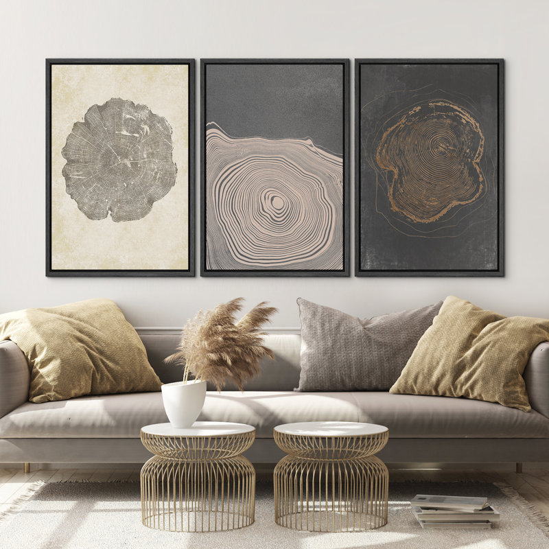 Pastel Gray Wood Tree Ring Neutral Minimalist Pictures Framed Canvas 3 Pieces Set Print Wall Art, Black Framed