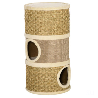 Pawhut 28 Inch Cat Condo, 3 Story Cat Hideaway With Sisal Scratching Pad, Barrel Shaped Small Cat Tree For Indoor Cats