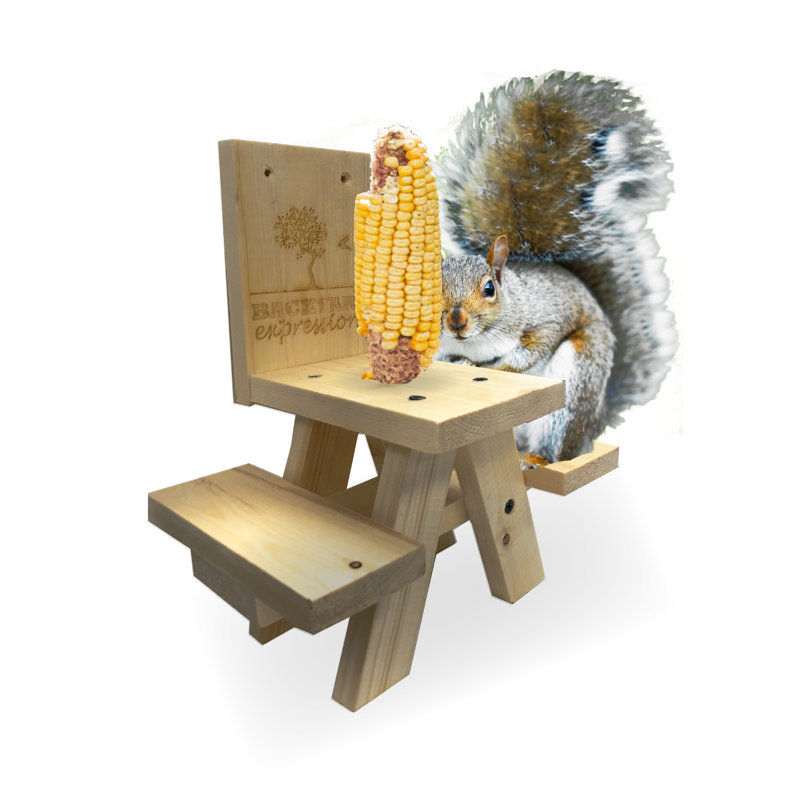 Light Brown Pine Wood Outdoor Squirrel Feeder Picnic Table