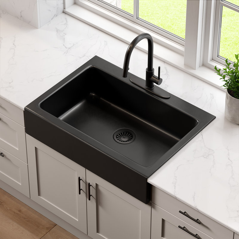 Évier de cuisine Parker 34 po en céramique réfractaire noire mate Quick-Fit® à encastrer, style ferme, à tablier frontal et à cuve avec 3 trous pour robinetterie