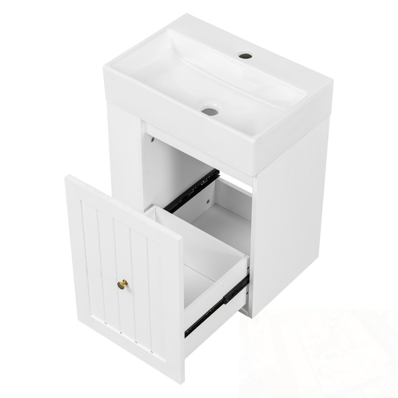 Meuble-lavabo mural avec lavabo et tablette latérale, Blanc