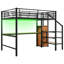 Lit mezzanine en métal noir avec bureau intégré, escalier de rangement, garde-robe et éclairage à DEL 7 couleurs