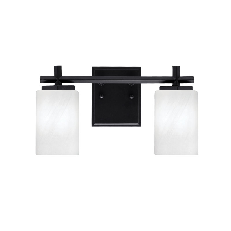Bar de salle de bain Finola illustré avec verre en marbre blanc, Noir mat, 2 lumières, H 8,25 po x l 14,25 po x P 6,25 po
