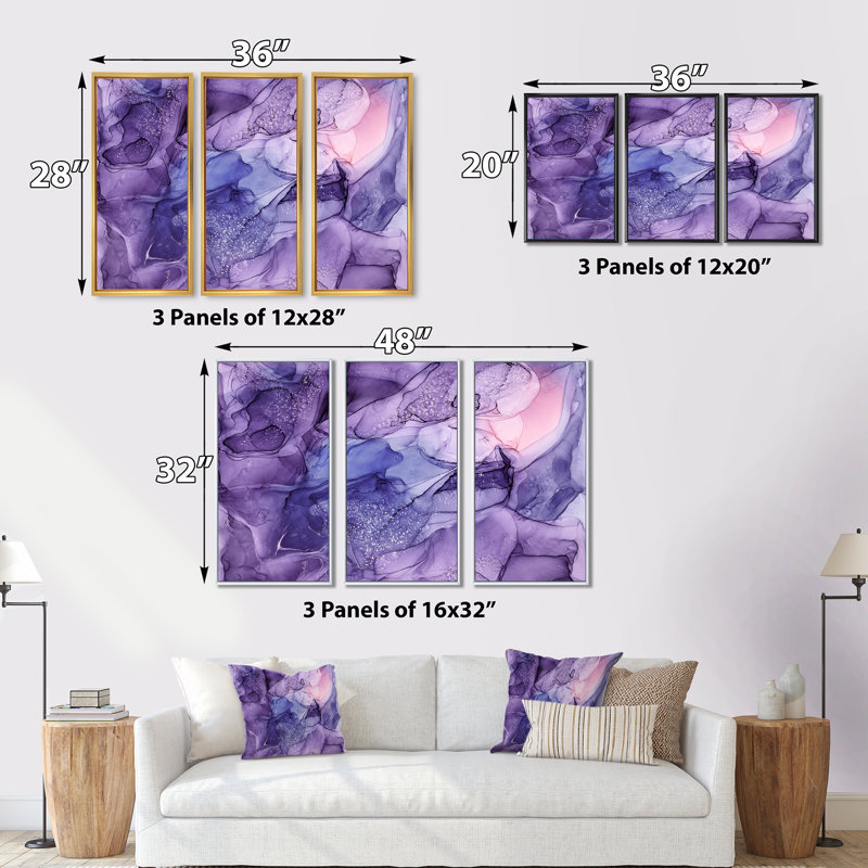 Mauve et rose, art liquide translucide - 3 pièces, reproduction sur toile, H 20 po x l 36 po, Or