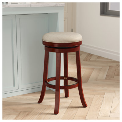 30" Swivel Bar Stool with Cherry Finish and Beige Fabric Seat - Solid Hardwood Frame, 360-Degree Swivel, Kitchen & Dining Counter Height Stool