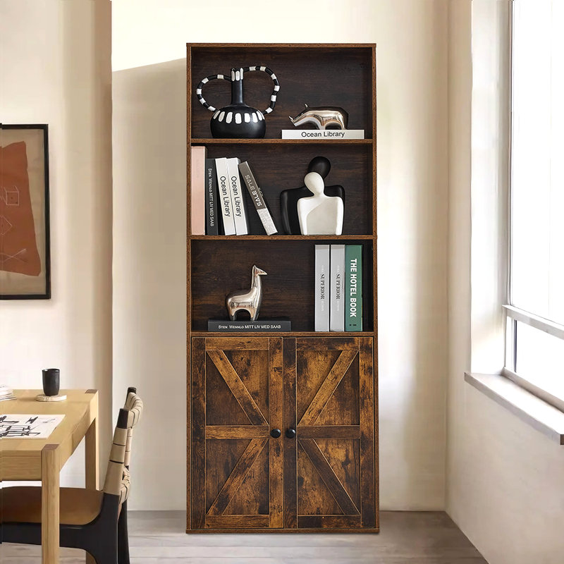 5-Tier Bookshelf With Door - Wooden Storage Bookcase, Display Cabinet For Home & Office, Brown, Brown