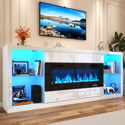 94.5" Fireplace TV Stand With Power Outlet, Large Media Console With 50" Fireplace, High Gloss Large Entertainment Center W/5000-Colors LED Lights & Drawers For Living Room, White
