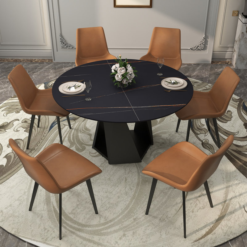 Ensemble de table de salle à manger en pierre frittée 7 pièces avec chaises en similicuir, Noir