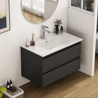 Meuble-lavabo mural 32 po avec lavabo combiné, double tiroir, façades de tiroir arrondies, système de fermeture en douceur, lavabo en céramique, conception sans poignée, bois massif, facile à installer, brun noir