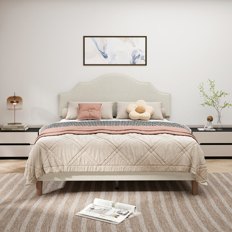 Lit plateforme tapissier avec tête de lit réglable, Beige, Grand