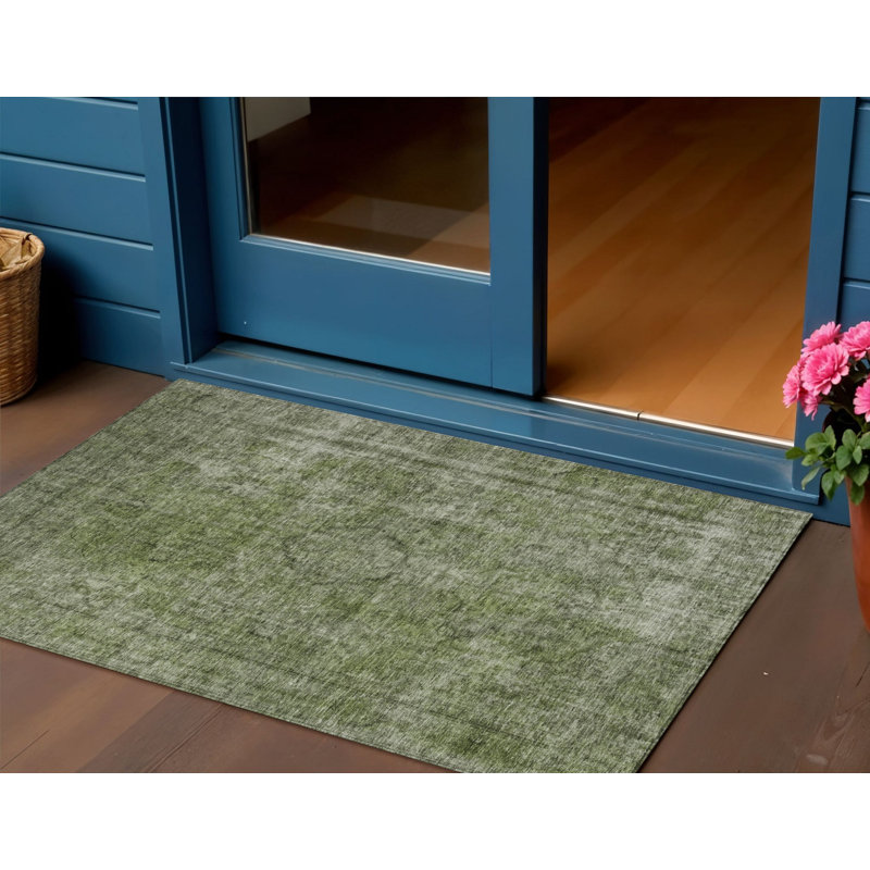 Tapis d'intérieur et d'extérieur lavable vert et argent 3 pi x 5 pi Medallion