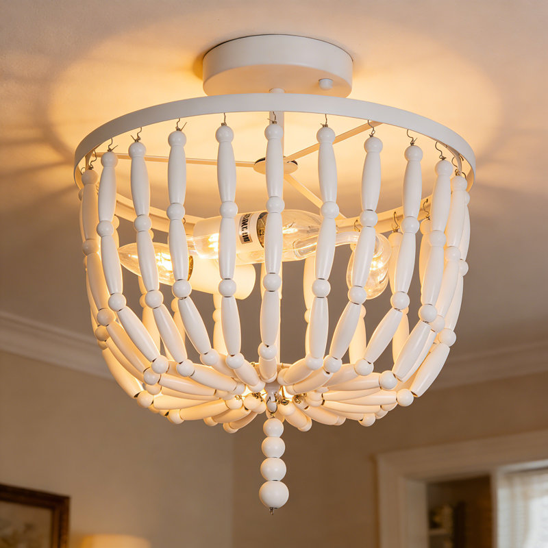 Luminaire semi-encastré 28 po à 3 lumières campagnard / blanc bohémien perlé à intensité variable pour chambre à coucher / couloir / cage d'escalier