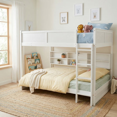 Queen Over Queen Bunk Bed Solid Pine Wood With Built-In Storage Shelves, Integrated Charging Station And Full-Length Guardrails