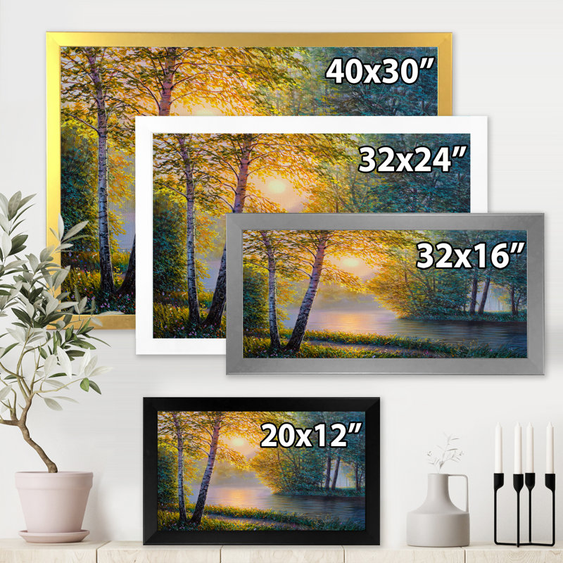 «Morning Summer With Beautiful River Spring Forest», peinture sur toile, H 30 po x l 40 po x 1,5 po, Cadre noir