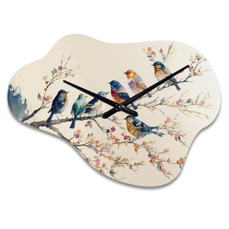 Horloge murale en métal multicolore, oiseaux multicolores sur arbre à fleurs de prunier, Petit